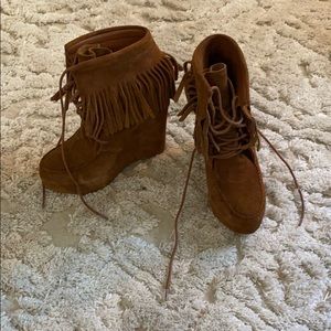 Brown Suede Fringe Wedge Booties
